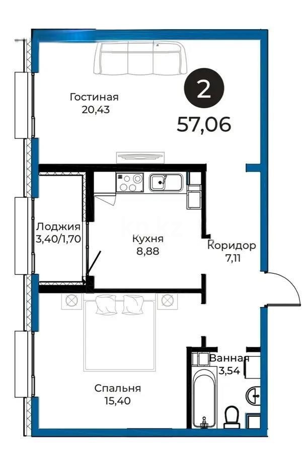 Продажа 2-комнатной квартиры, 57.6 м² в Астане