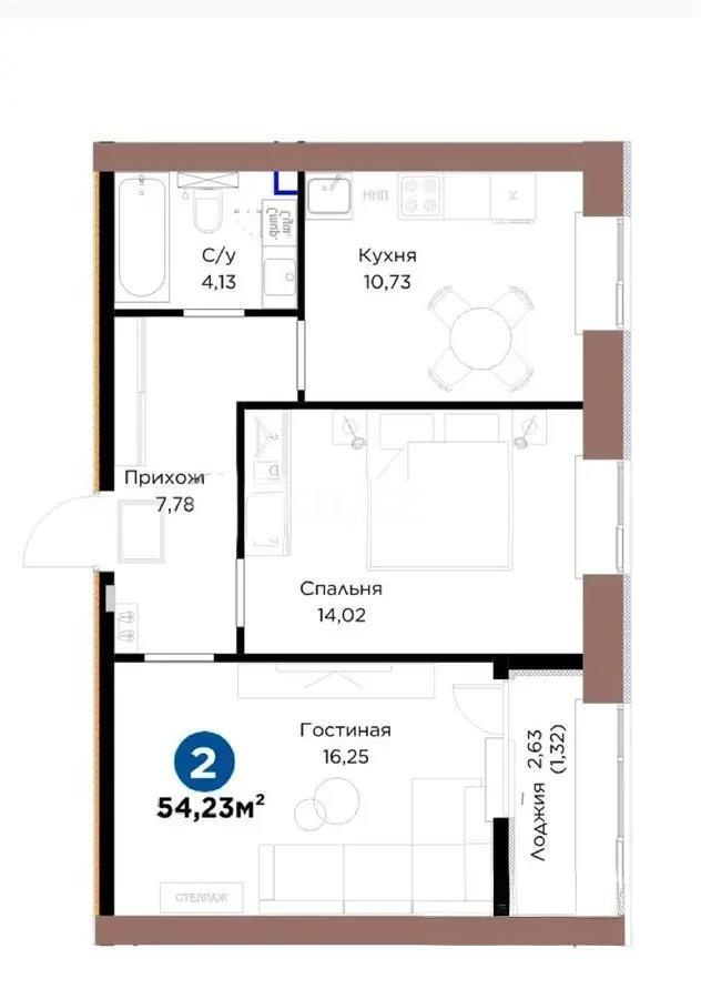 Продажа 2-комнатной квартиры, 54.23 м², ул. Чокина, дом  4 в Астане