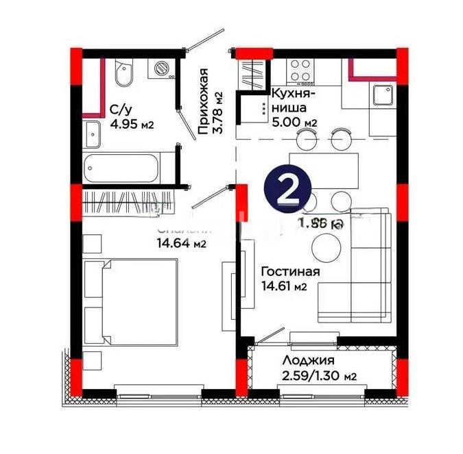 Продажа 2-комнатной квартиры, 44.8 м² в Астане