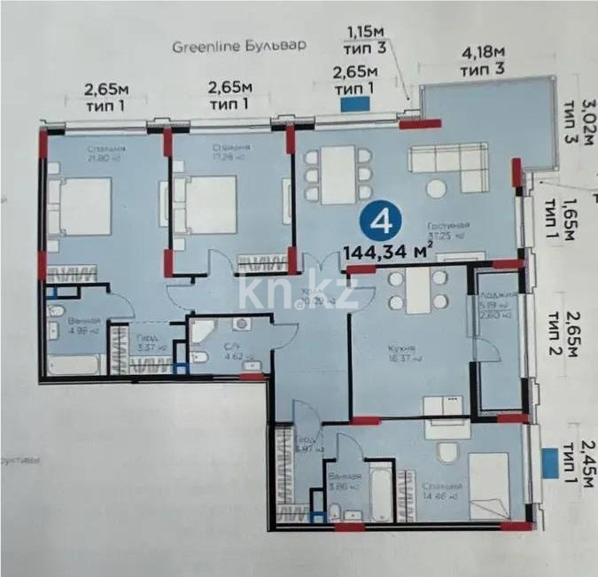 Продажа 4-комнатной квартиры, 144.34 м² в Астане