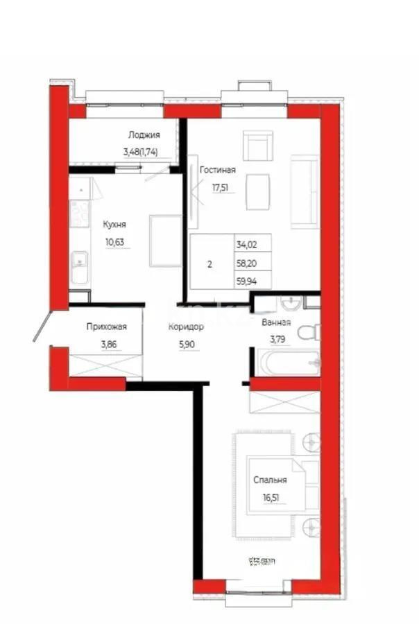 Продажа 2-комнатной квартиры, 60.64 м² в Астане