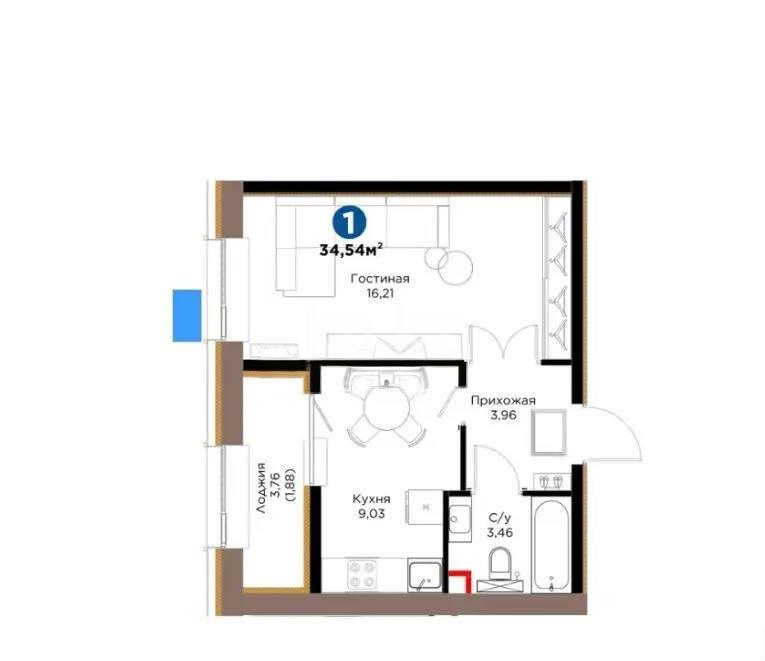 Продажа 1-комнатной квартиры, 34.54 м² в Астане