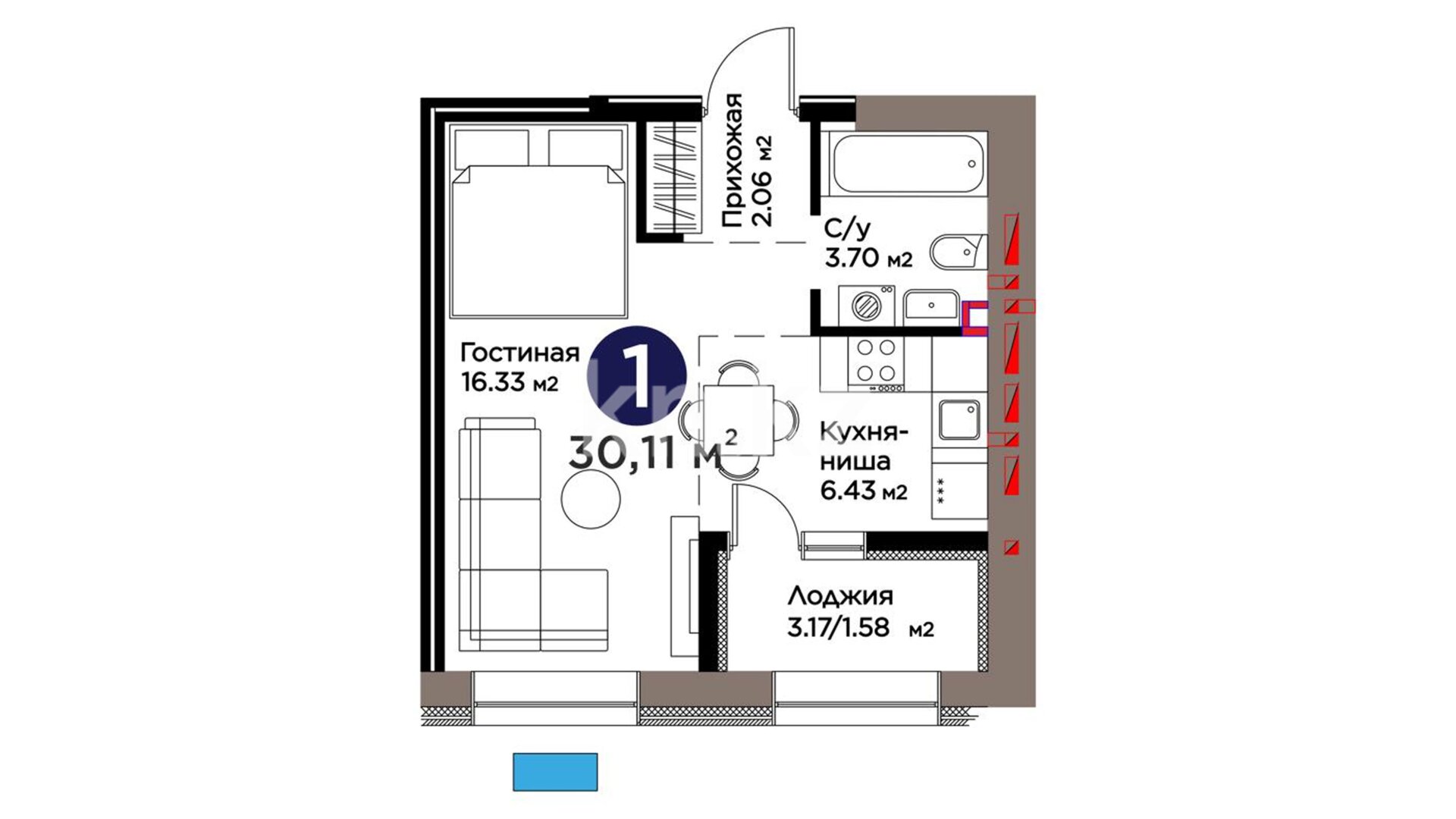 ЖК ŪIA. TARIH, 1-комнатная, цена 18 069 011 ₸, 600 100 ₸&nbsp;/&nbsp;м²