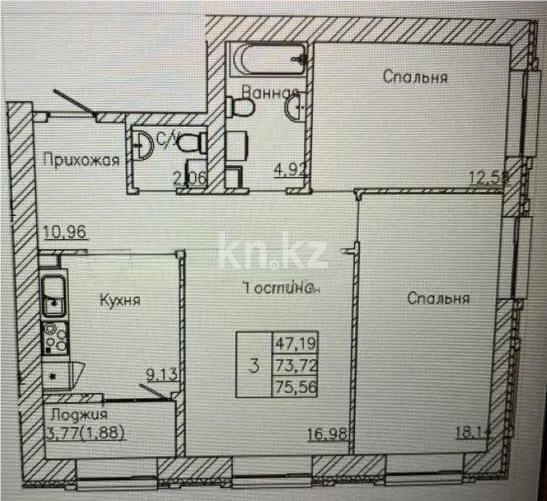 Продажа 3-комнатной квартиры, 75.56 м², ул. Мухамедханова, дом  10 в Астане