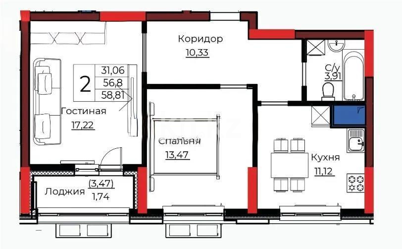 Продажа 2-комнатной квартиры, 57 м² в Астане