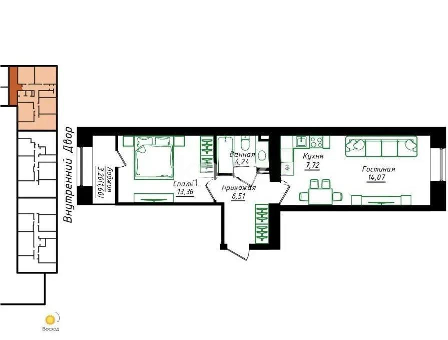 Продажа 2-комнатной квартиры, 47.5 м², ул. Нажимеденова, дом  5 в Астане