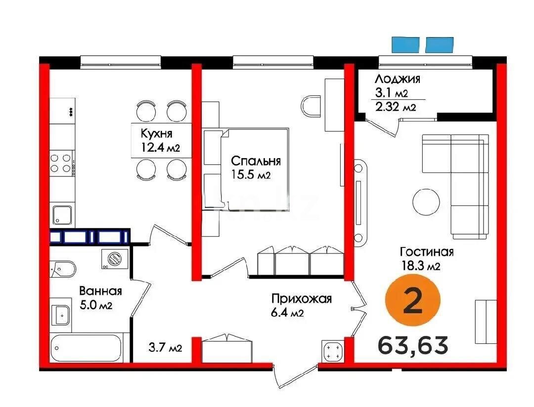 Продажа 2-комнатной квартиры, 63.63 м² в Астане