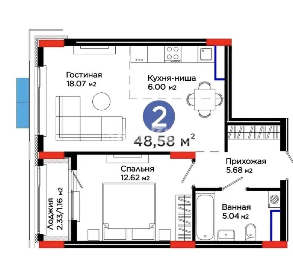Продажа 2-комнатной квартиры, 48.58 м² в Астане