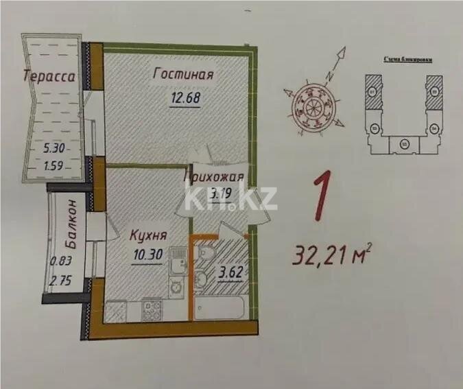 Продажа 1-комнатной квартиры, 32.21 м² в Астане