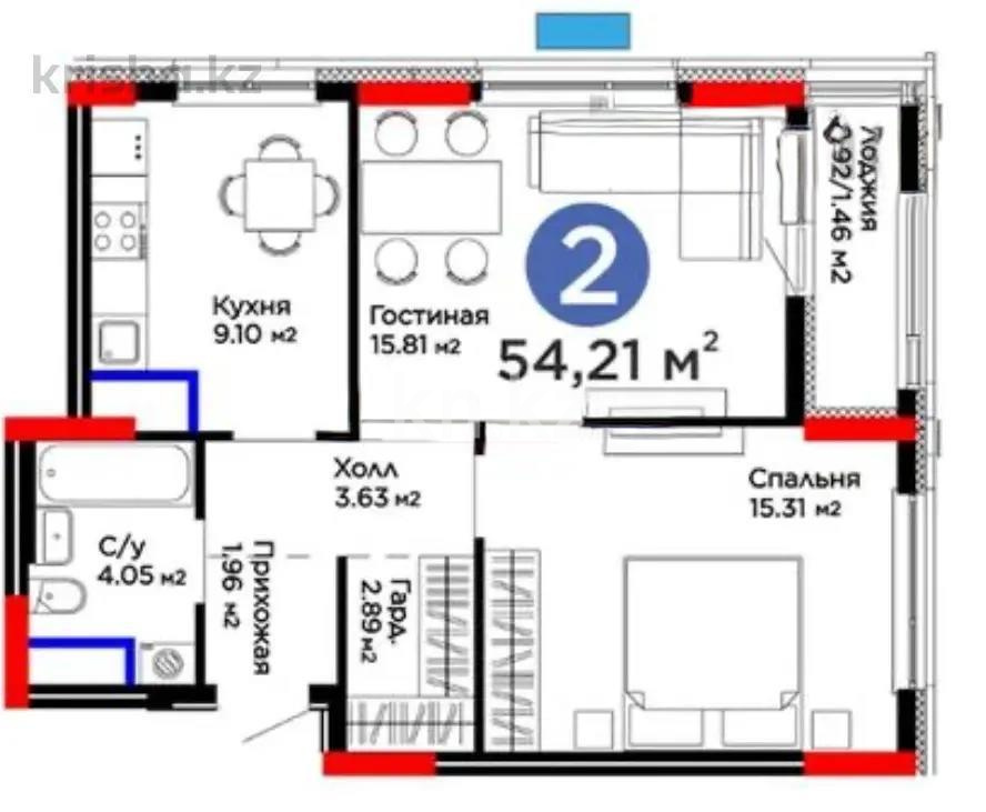 Продажа 2-комнатной квартиры, 54.21 м² в Астане