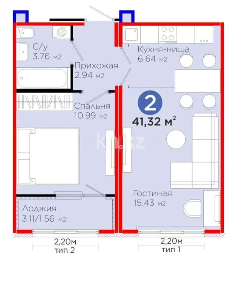 Продажа 2-комнатной квартиры, 41.32 м² в Астане - фото 5