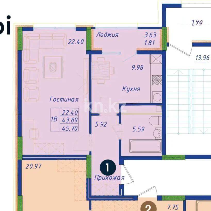 Продажа 1-комнатной квартиры, 45.7 м² в Астане
