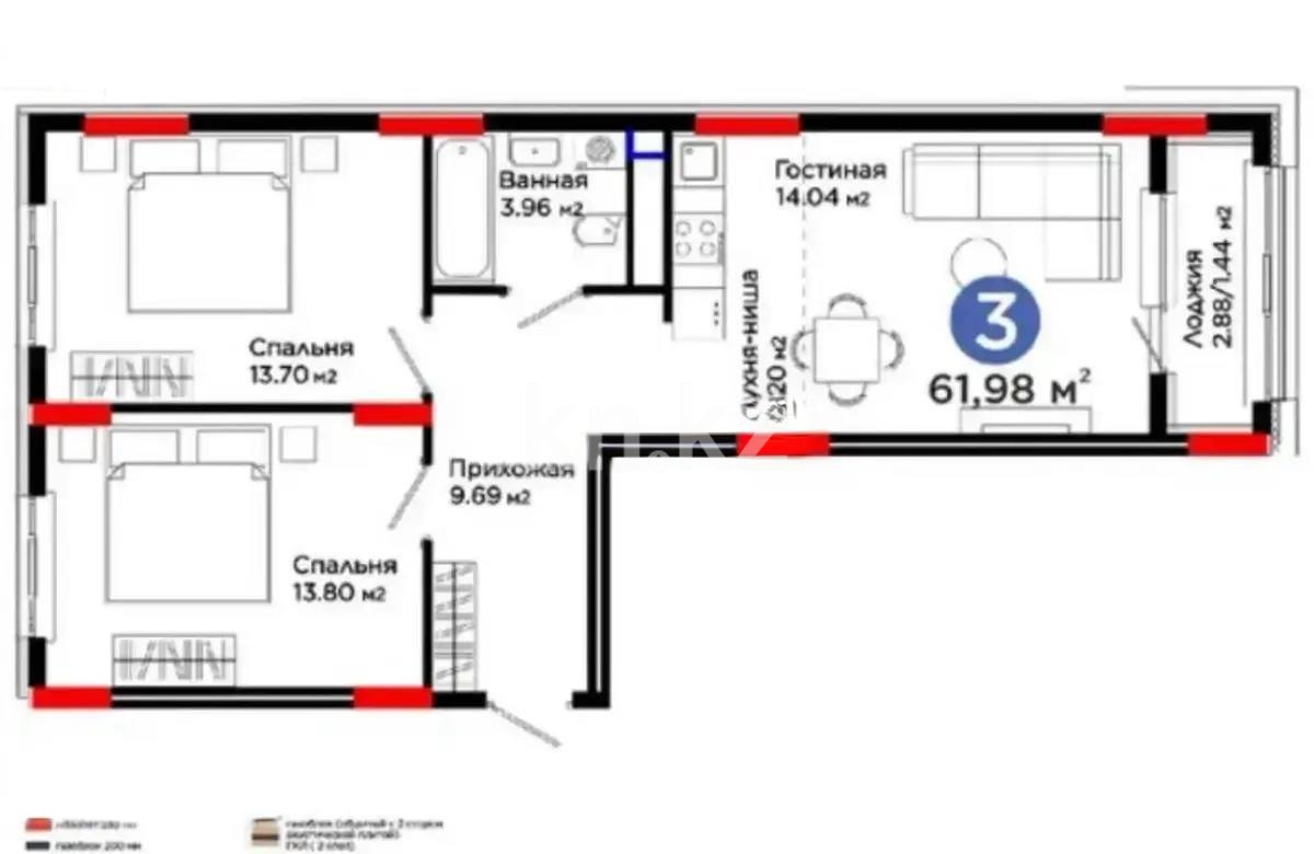 Продажа 3-комнатной квартиры, 61.98 м², пр. Туран, дом  55/16 в Астане