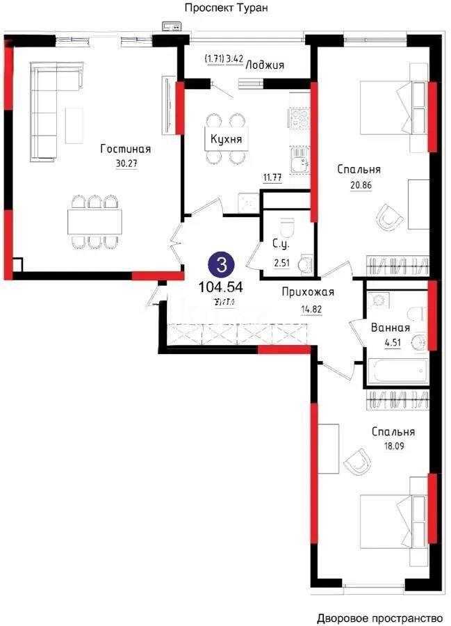 Продажа 3-комнатной квартиры, 105 м², пр. Туран, дом  52/2 в Астане