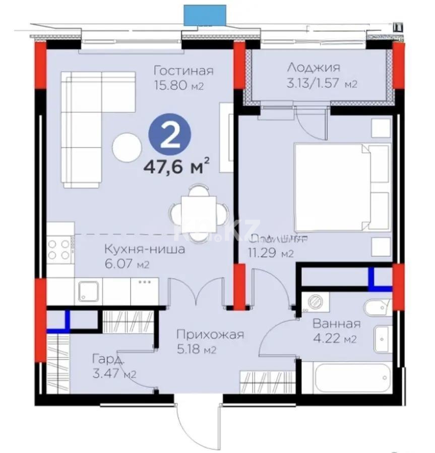 Продажа 2-комнатной квартиры, 47.6 м² в Астане