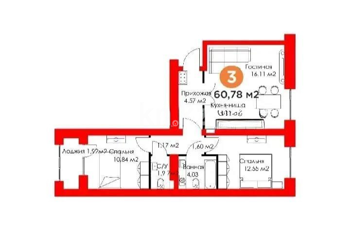 Продажа 3-комнатной квартиры, 61 м², пр. Туран, дом  55/6 в Астане