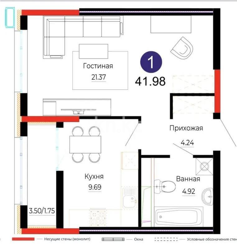 Продажа 1-комнатной квартиры, 42 м² в Астане - фото 2