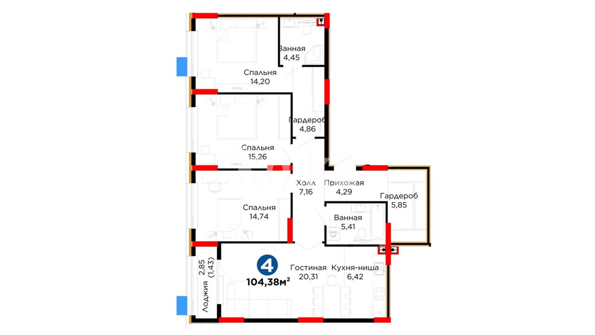 ЖК Alem Sana, 4-комнатная, цена 46 668 298 ₸, 447 100 ₸&nbsp;/&nbsp;м²