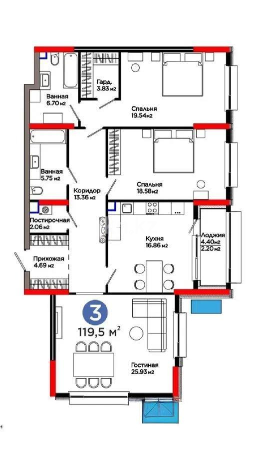 Продажа 3-комнатной квартиры, 120 м², ул. Рыскулова, дом  3 в Астане