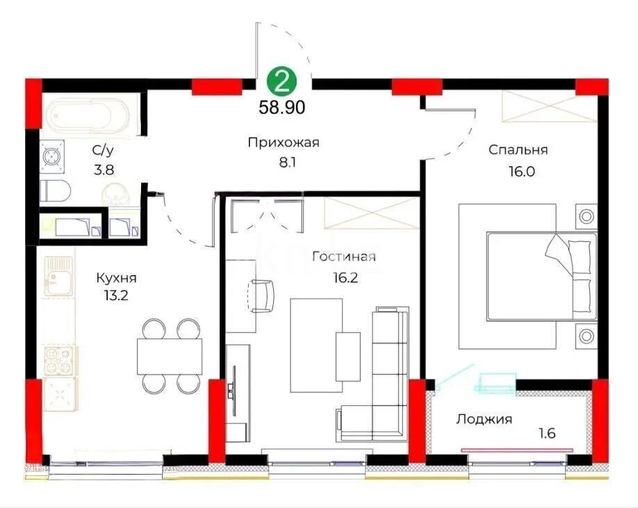Продажа 2-комнатной квартиры, 58.9 м² в Астане