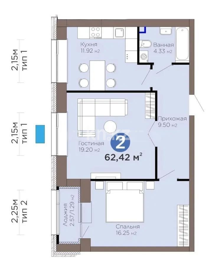 Продажа 2-комнатной квартиры, 62.42 м² в Астане