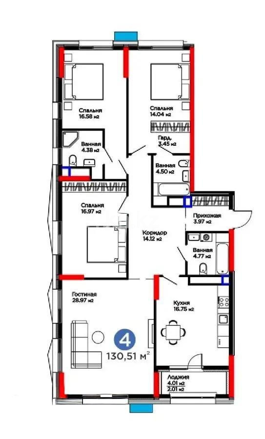 Продажа 4-комнатной квартиры, 130.51 м² в Астане