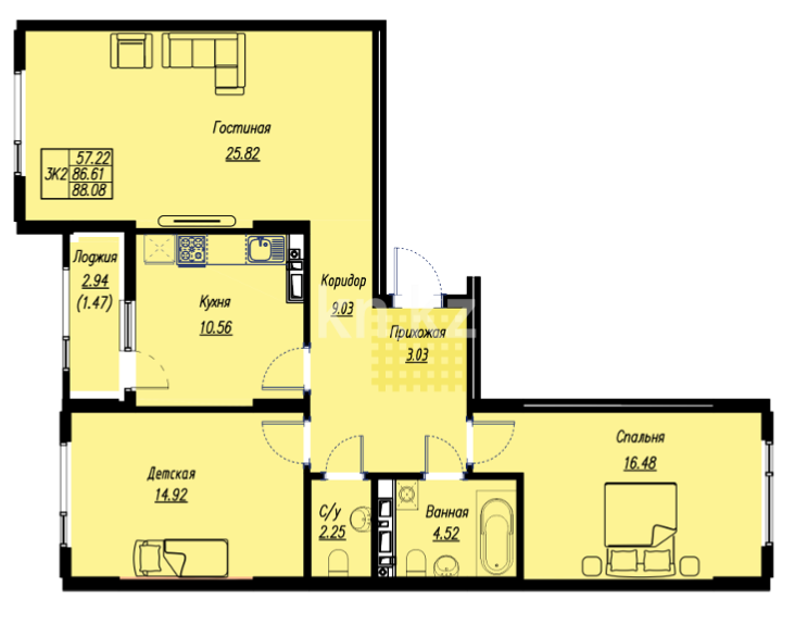 Продажа 3-комнатной квартиры, 88.08 м² в Астане