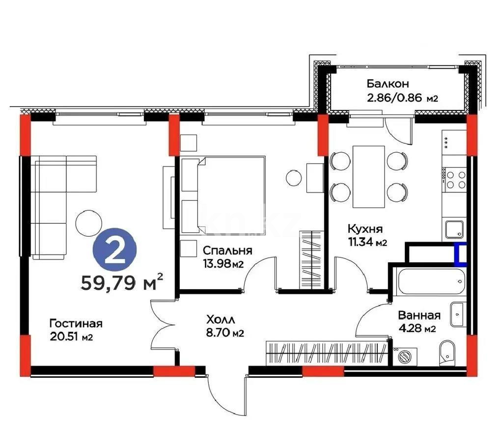 Продажа 2-комнатной квартиры, 59.79 м² в Астане - фото 2