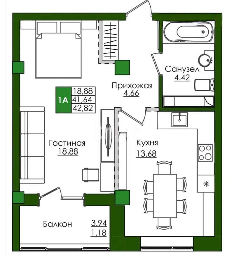 Продажа 1-комнатной квартиры, 42.8 м², ул. Е-779, дом  32 в Астане