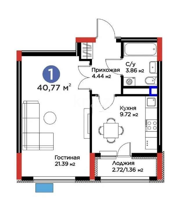Продажа 1-комнатной квартиры, 40.77 м² в Астане