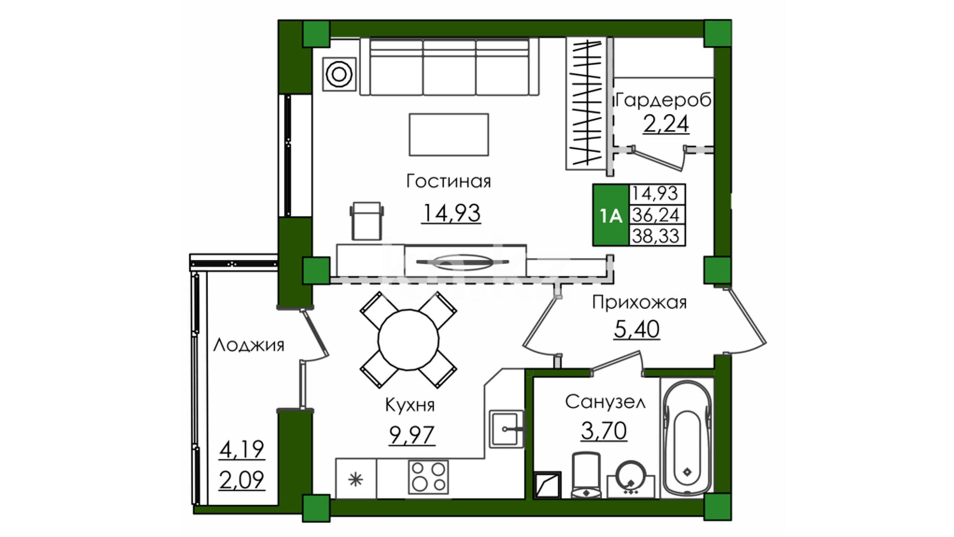 ЖК Salt, 1-комнатная, цена 25 603 200 ₸, 630 000 ₸&nbsp;/&nbsp;м²