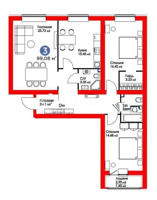 Продажа 3-комнатной квартиры, 99.08 м², ул. Е-321, дом  6/2 в Астане