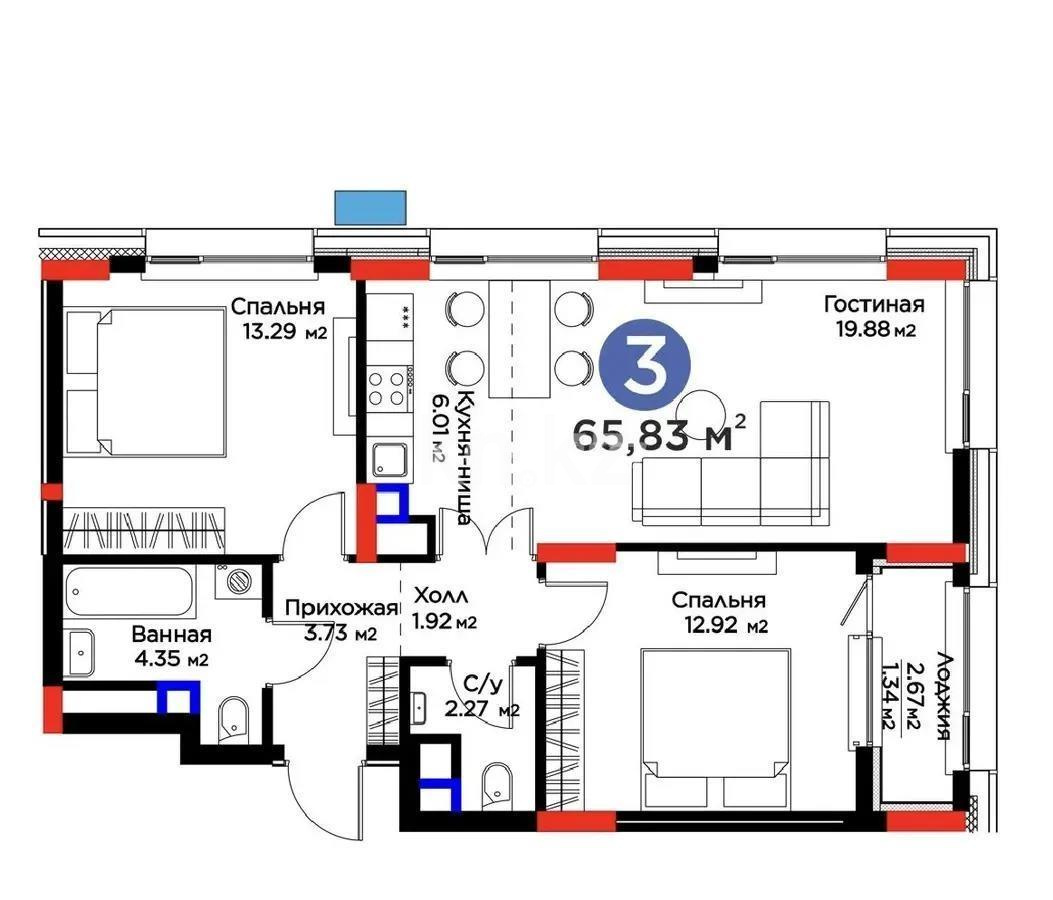 Продажа 3-комнатной квартиры, 65.83 м² в Астане - фото 3