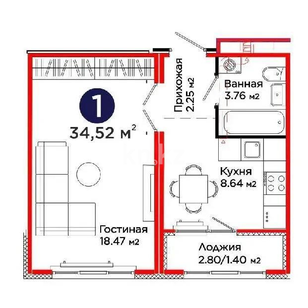 Продажа 1-комнатной квартиры, 35 м² в Астане