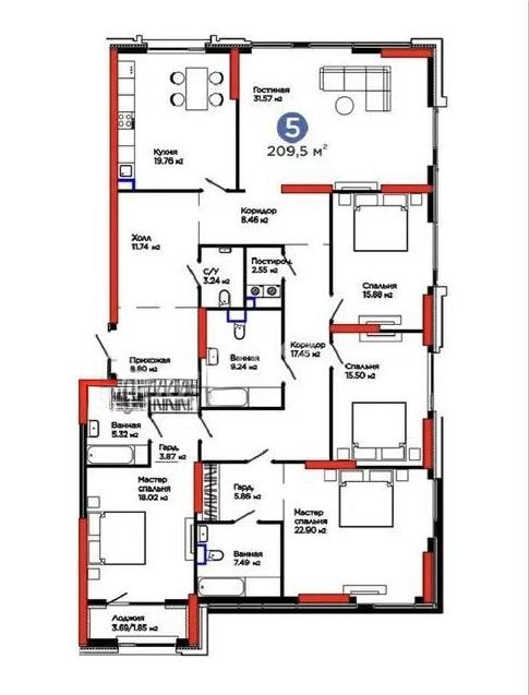 Продажа 5-комнатной квартиры, 210 м² в Астане