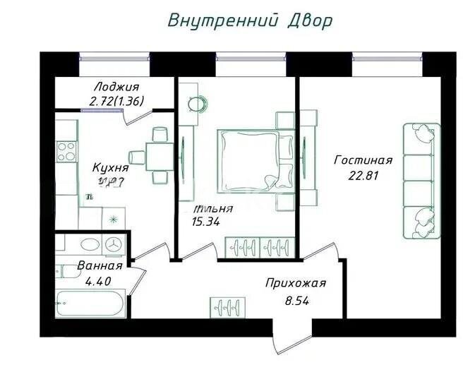 Продажа 2-комнатной квартиры, 63.47 м² в Астане