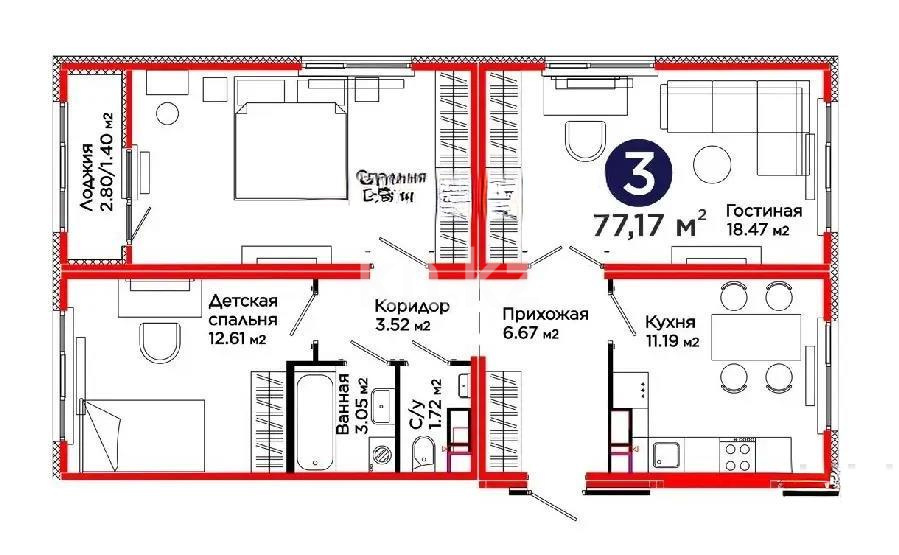 Продажа 3-комнатной квартиры, 77.17 м² в Астане