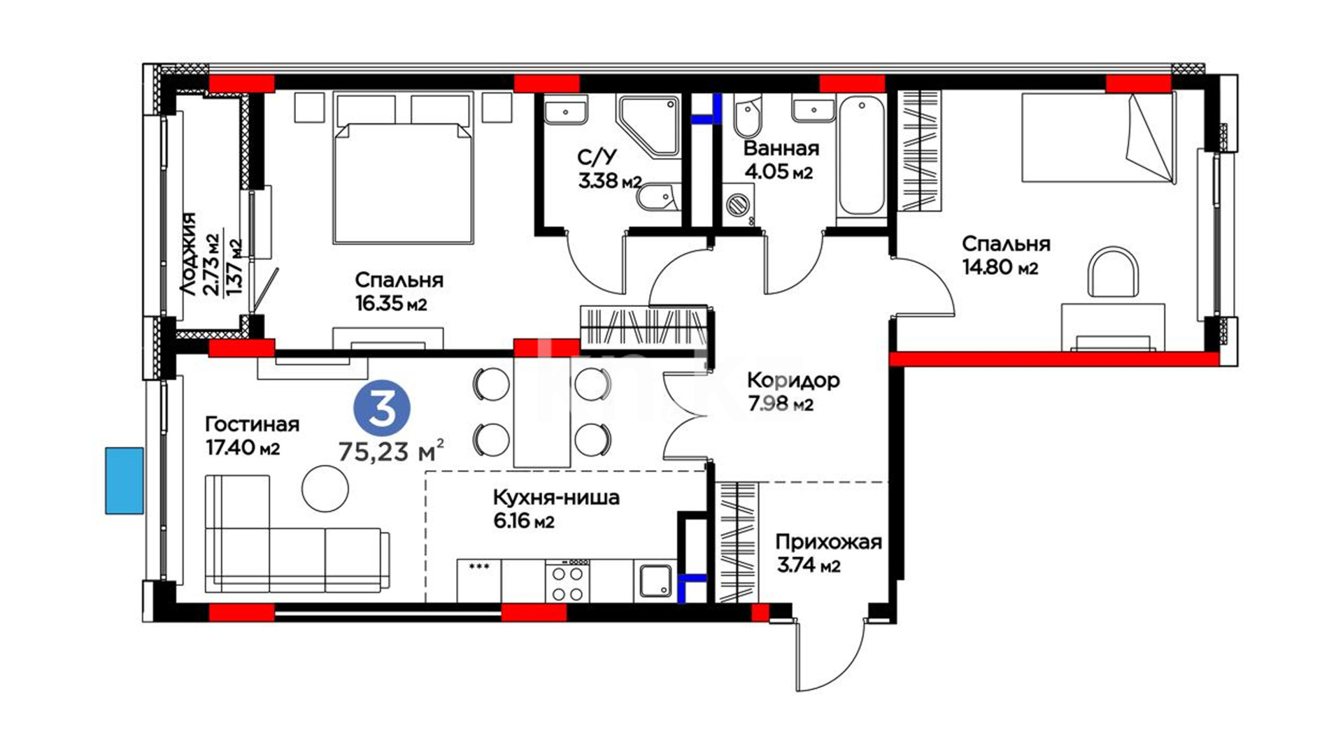 ЖК Capital Park. Melody, 3-комнатная, цена 53 094 324 ₸, 705 760 ₸&nbsp;/&nbsp;м²