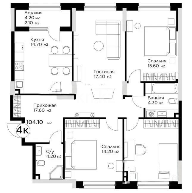 Продажа 4-комнатной квартиры, 104.1 м² в Астане