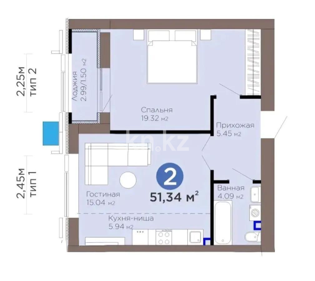 Продажа 2-комнатной квартиры, 51.34 м² в Астане