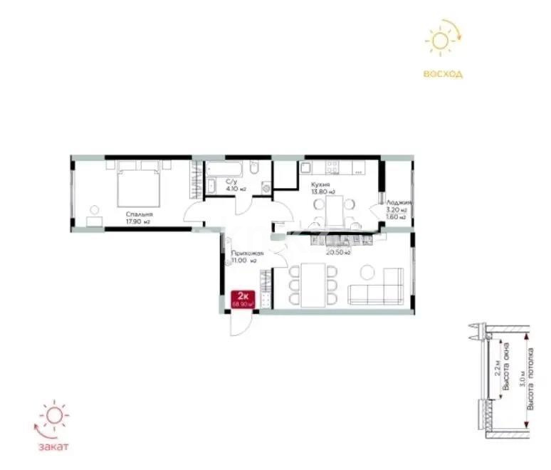 Продажа 2-комнатной квартиры, 68.9 м², ул. Е-36, дом  5 в Астане