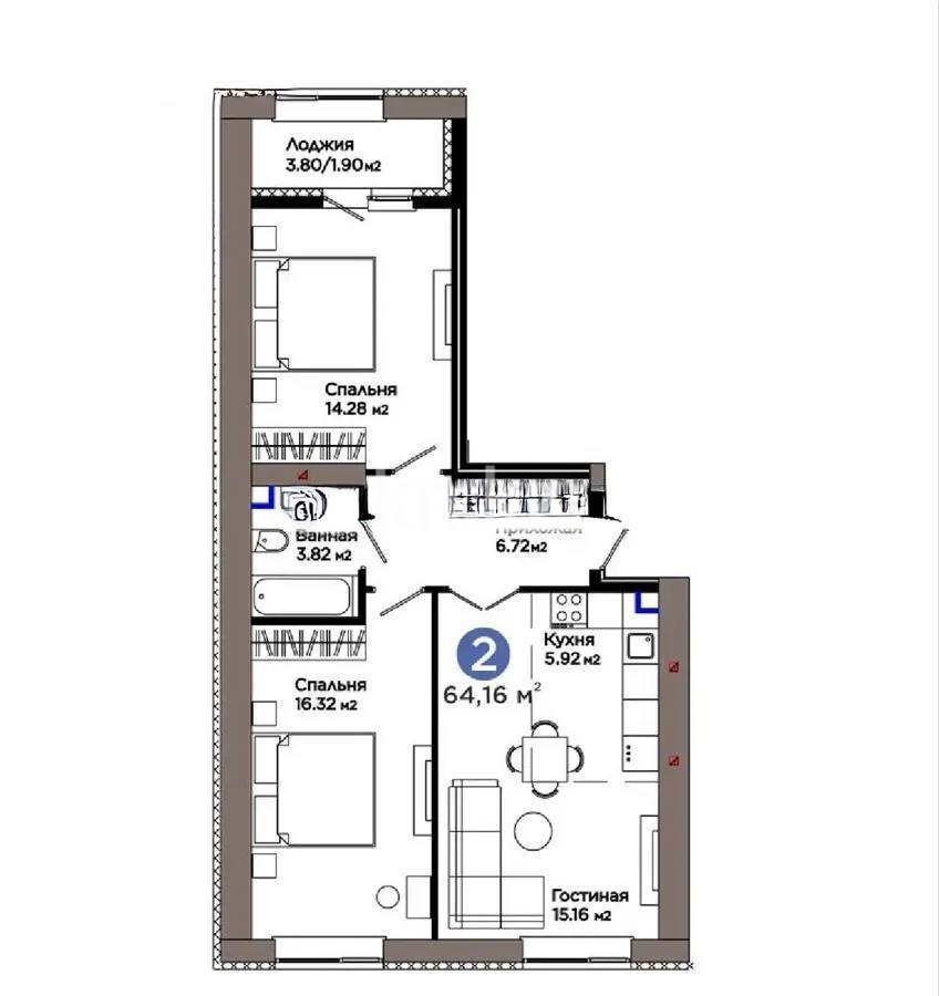 Продажа 2-комнатной квартиры, 64 м² в Астане