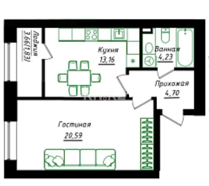 Продажа 2-комнатной квартиры, 43.44 м² в Астане