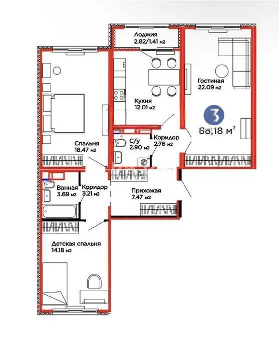 Продажа 3-комнатной квартиры, 88.18 м² в Астане