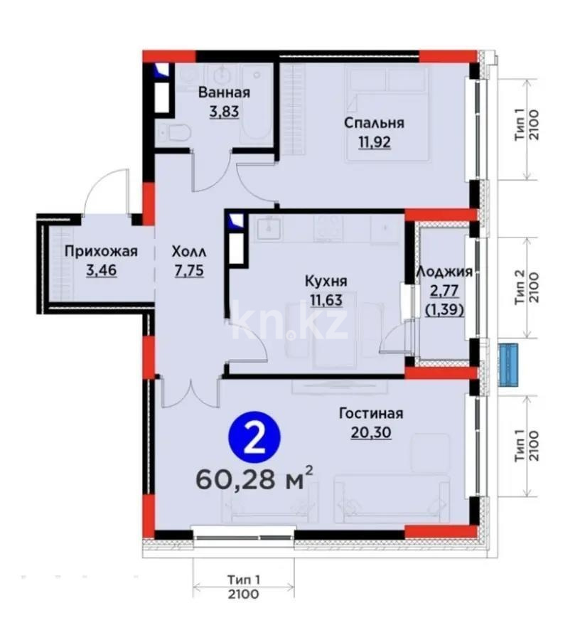 Продажа 2-комнатной квартиры, 60.28 м² в Астане