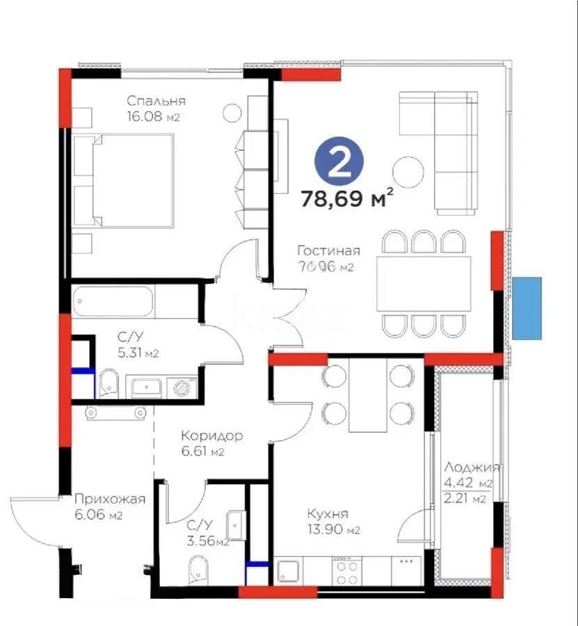 Продажа 2-комнатной квартиры, 78.69 м² в Астане