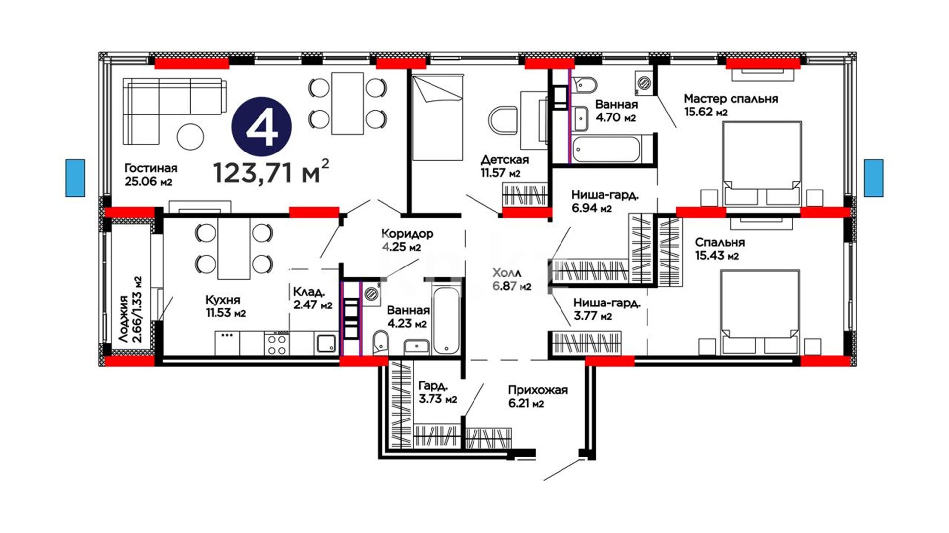 ЖК Capital Park Joy, 4-комнатная, цена 92 411 370 ₸, 747 000 ₸&nbsp;/&nbsp;м²