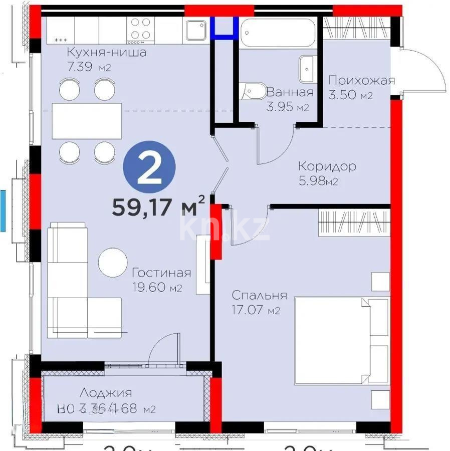 Продажа 2-комнатной квартиры, 59.17 м² в Астане