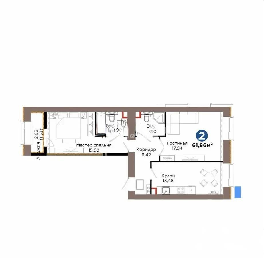 Продажа 2-комнатной квартиры, 61.86 м² в Астане