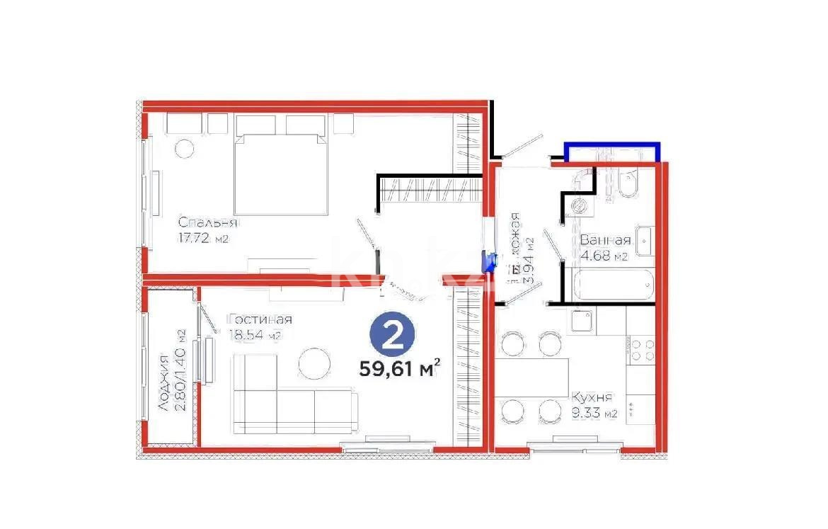 Продажа 2-комнатной квартиры, 59.61 м² в Астане